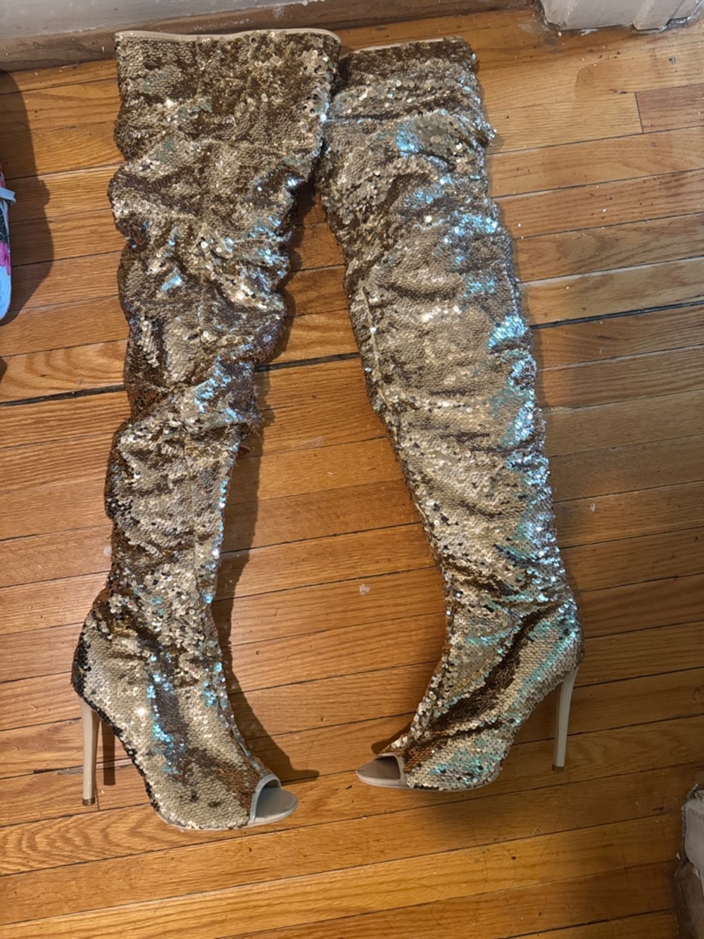 Cape Robbin Gold Sequin Over-the-Knee Peep-Toe Stiletto Boots